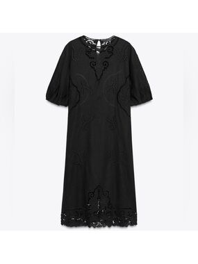 Zara Black Eyelet Midi Dress with Puff Sleeves